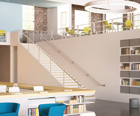 3D rendering of a brightly-lit library with tables and chairs