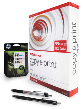 school supplies like paper, pens, and printer ink
