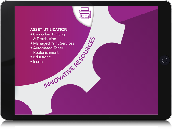 tablet: Innovative Resources. Asset utilization: curriculum printing & distribution, managed print services, automated toner replenishment, EduDrone, I-Curio